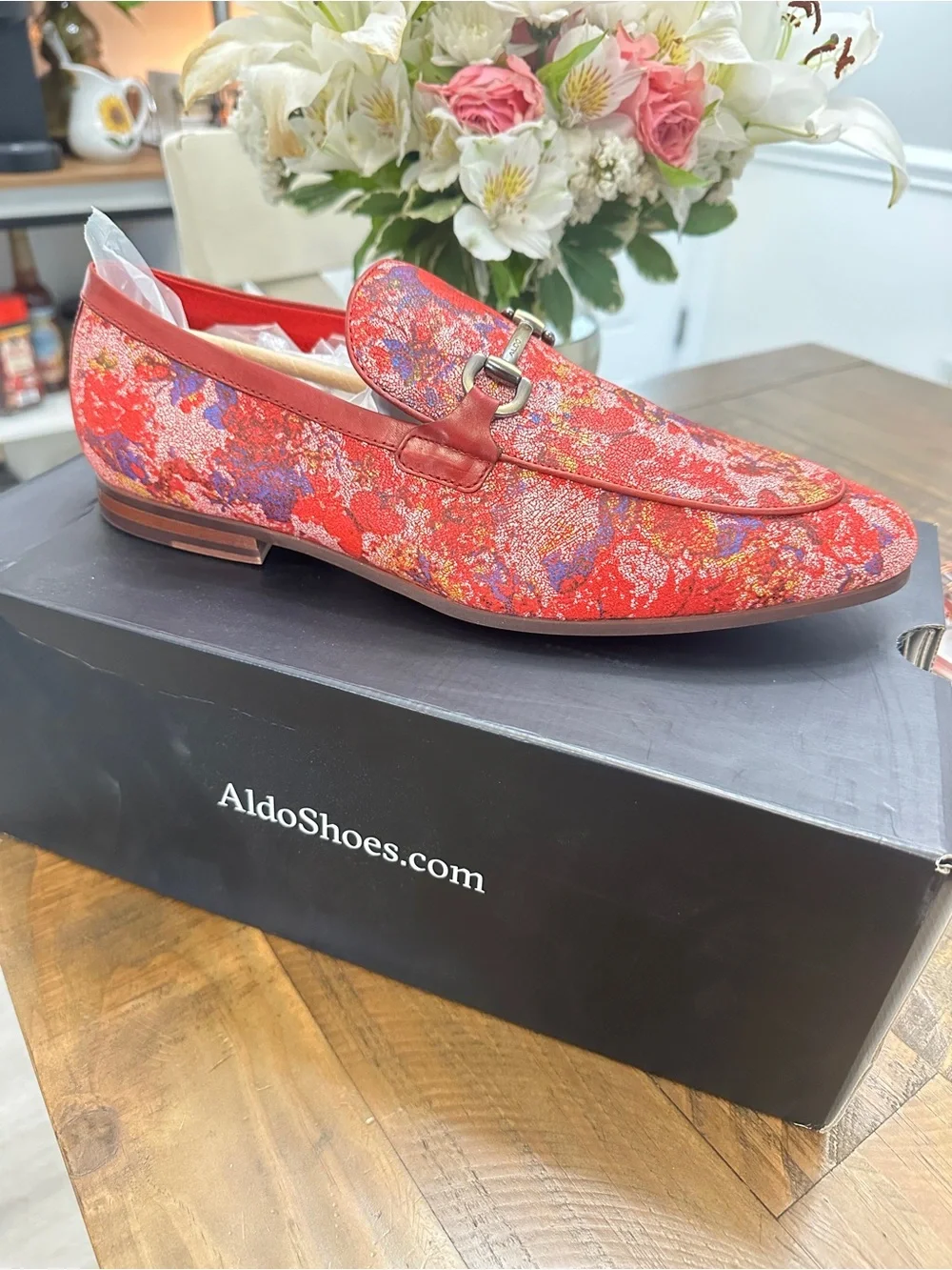 Aldo Red Floral Print Leather Bit Loafers